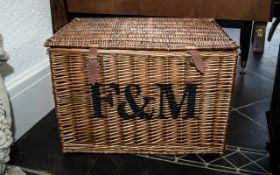 Large Wicker Fortnum & Mason Hamper, marked F & M to front, Measures 23" wide x 16" tall x 15" deep,