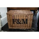 Large Wicker Fortnum & Mason Hamper, marked F & M to front, Measures 23" wide x 16" tall x 15" deep,