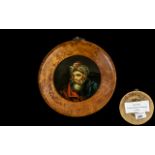 Antique Painted Papier Mache Roundel depicting a man in early 19thC Turkish attire with a fancy,