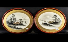 Pair of Oval Oriental Watercolour Drawings, highlighted in gilt,