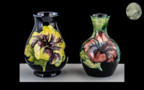 Moorcroft - Pair of Small Tubelined Vases ' Hibiscus Variations' Design.