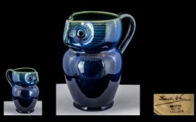 Bourne - Denby Electric Blue Lustre Dripped Glaze Studio Art Pottery Owl Jug. c.1925.