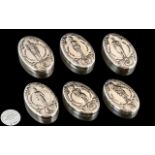 Elizabeth II Excellent Sterling Silver Set of Six Oval Shaped Lidded Pill Boxes.
