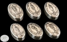 Elizabeth II Excellent Sterling Silver Set of Six Oval Shaped Lidded Pill Boxes.