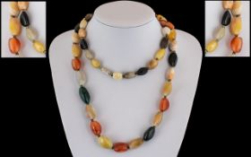 Vintage - Single Strand Attractive Multi-Coloured Agate Necklace of Good Quality with Silver Clasp.