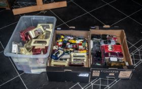 Two Boxes of Diecast Model Cars, Buses and Trucks, comprising Matchbox boxed Rolls Royce,