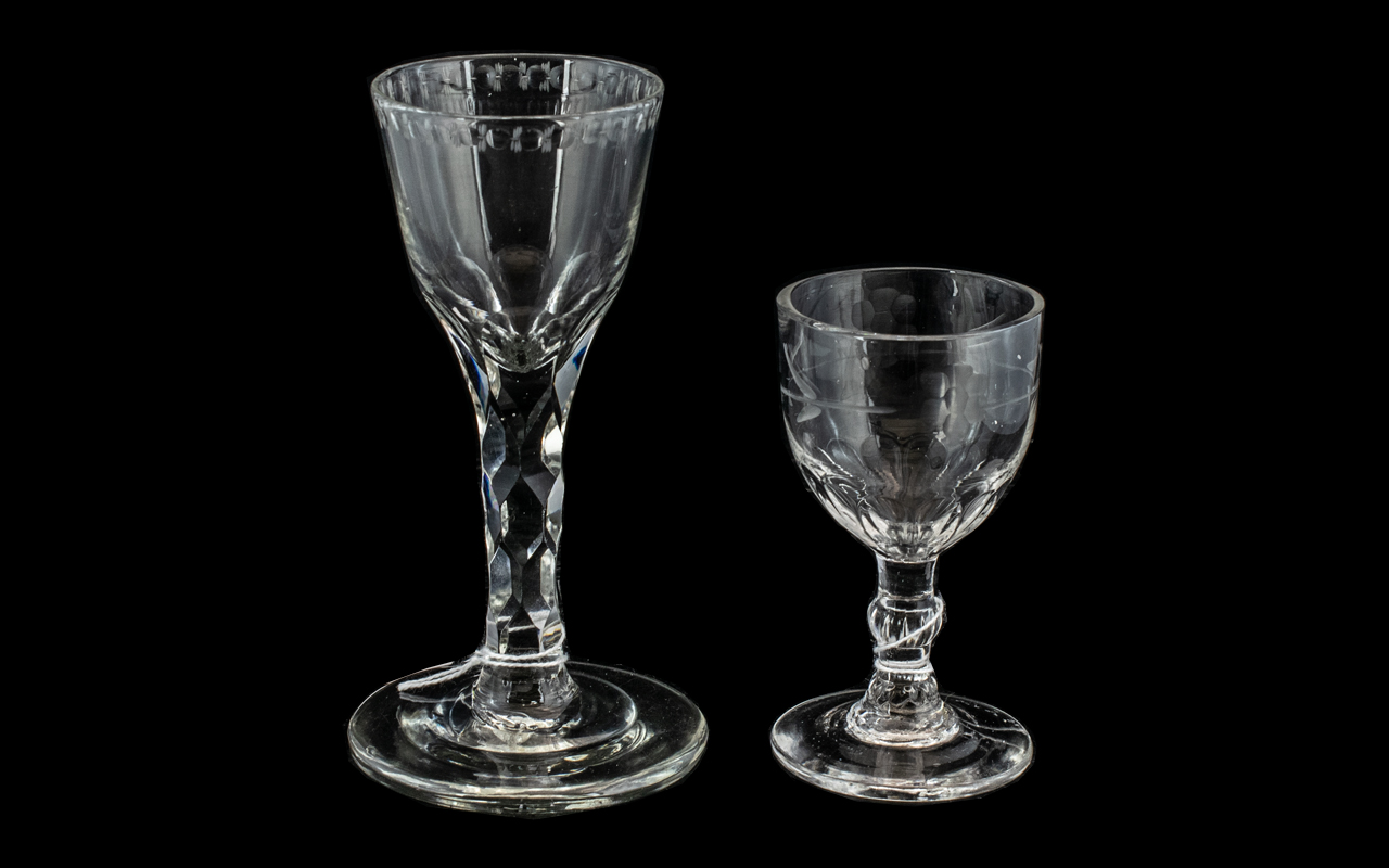 Two Small Antique Wine Glasses, one with an etched bowl, the other with a faceted stem, 5.