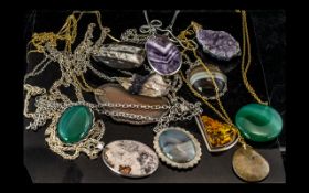 A Good Collection of White Metal and Gilt Metal Stone Set Pendants and Chains ( 12 ) In Total.