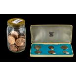 Isle of Man 1971 Royal Mint Decimal Proof Coin Set with a jar of uncirculated QEll pennies