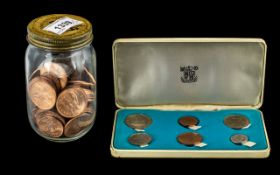 Isle of Man 1971 Royal Mint Decimal Proof Coin Set with a jar of uncirculated QEll pennies