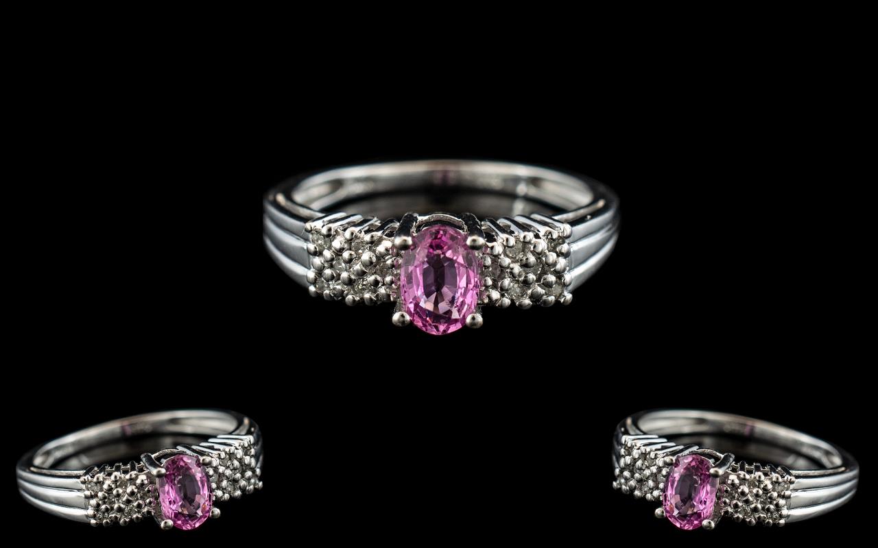 Ladies - Attractive 10ct White Gold Pink Sapphire and Diamond Set Dress Ring. Marked 9ct Gold to