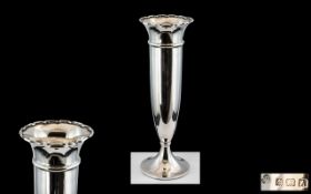 1920's Sterling Silver Vase of Plain Form with Frilled Top Rim, Supported on a Circular Base.