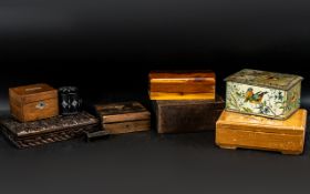 A Collection of Mixed Boxes, to include: painted tin, wooden cigarette box, carved cigarette box,