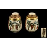 Pair of Meiji Period Miniature Bulbous Satsuma Vases, decorated to the body with Japanese women in a