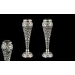 Victorian Period Pair of Small Repousse Silver Work Posy Vases with Vacant Cartouches and Extensive