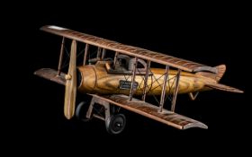 Wooden Model of a 1914 - 18 RFC Biplane, made to scale; 15 inches (37.5cms) long x 15 inches (37.