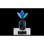Modern Art Glass Abstract Form Shaped Pedestal with a Leaf Design Top, Signed ' Habrap ' 8 Inches