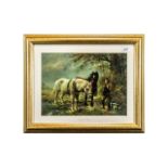 Signed Oil Painting on Panel By F Peto, depicting a farmer with two cart horses and a dog, titled '