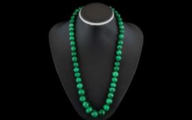 Excellent Quality - Single String Graduated Beaded Malachite Necklace with Screw Clasp. c,1920's.