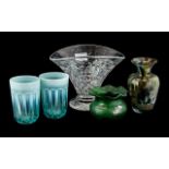 Five Pieces of Art Glass, comprising two turquoise tumblers, a silver resist green vase 3'' tall,