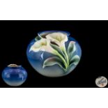 Franz - Superb Globular Shaped Hand Painted Porcelain Bowl - Vase, ' Lilies ' Design on Blue Ground.