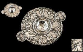 Early 20th Century Dutch - Superb Quality Hanau Silver Ornate Circular Embossed Twin Handle Tea
