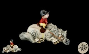 Beswick - Norman Thelwell Novelty Pony and Rider Figure ' Kick Start ' First Version - Grey Horse.