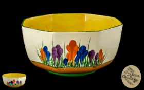 Clarice Cliff Hexagonal Bizarre Crocus Pattern Bowl of large size, 8.5 inches (21.