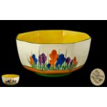 Clarice Cliff Hexagonal Bizarre Crocus Pattern Bowl of large size, 8.5 inches (21.