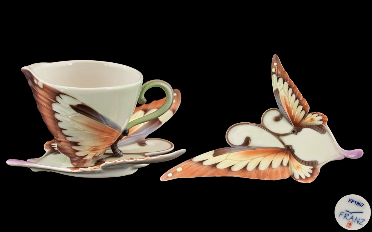 Franz Superb Stylish Hand Painted Porcelain Cup and Saucer ' Butterflies ' Design,