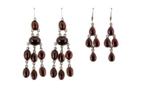 Antique - Attractive and Pleasing Two Pairs of Sterling Silver Teardrop Shaped Garnet Set Drop