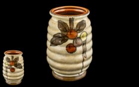 Crown Ducal - Hand Painted Charlotte Rhead Signed Vase - Ribbed Design, Circular Fruits, Orange