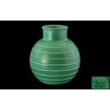 Wedgwood Keith Murray Signed Ribbed Football Shaped Vase, Matt Green Colour way. c.1930's.