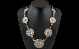 Kevin Oliver Signed Sterling Silver Necklace Set with Hammered Discs / Circular Set with Ball and