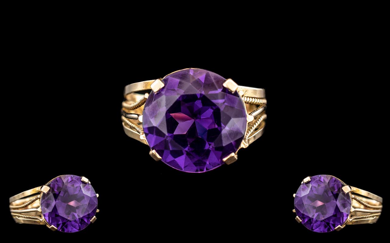 Egyptian 18ct Gold - Pleasing Single Stone Amethyst Ring, Shank of Ornate Design. The Large