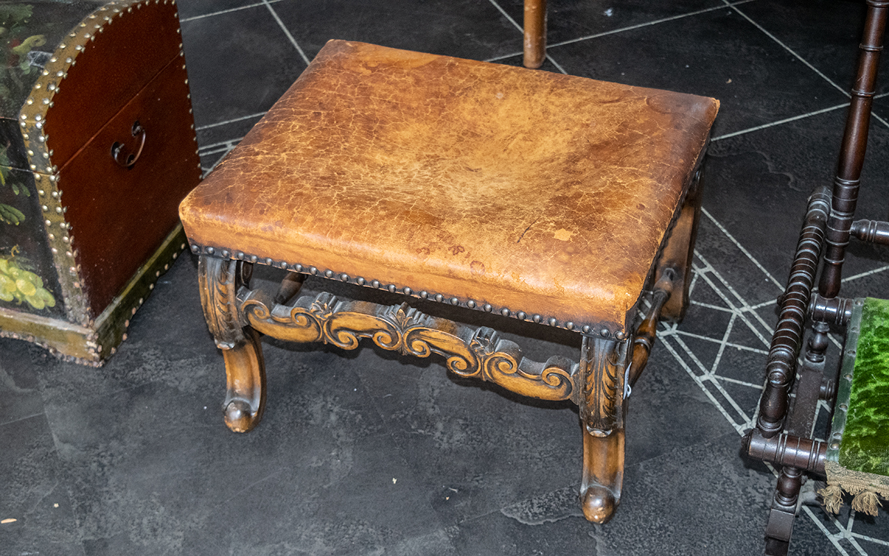 A William & Mary Style Cabriole Leg Stool with a leather seat, worn, with brass studs. Height 14''. - Image 2 of 3