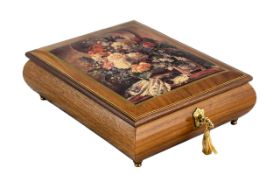 Italian Lacquered Musical Jewellery Box, the hinged top with still life flowers,