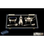Boxed ( 5 ) Piece Sterling Silver Cruet Set, Complete with Blue Liners.