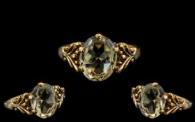Ladies 9ct Gold Single Stone Citrine Set Ring - Ornate Setting. Full Hallmark for 9.375.