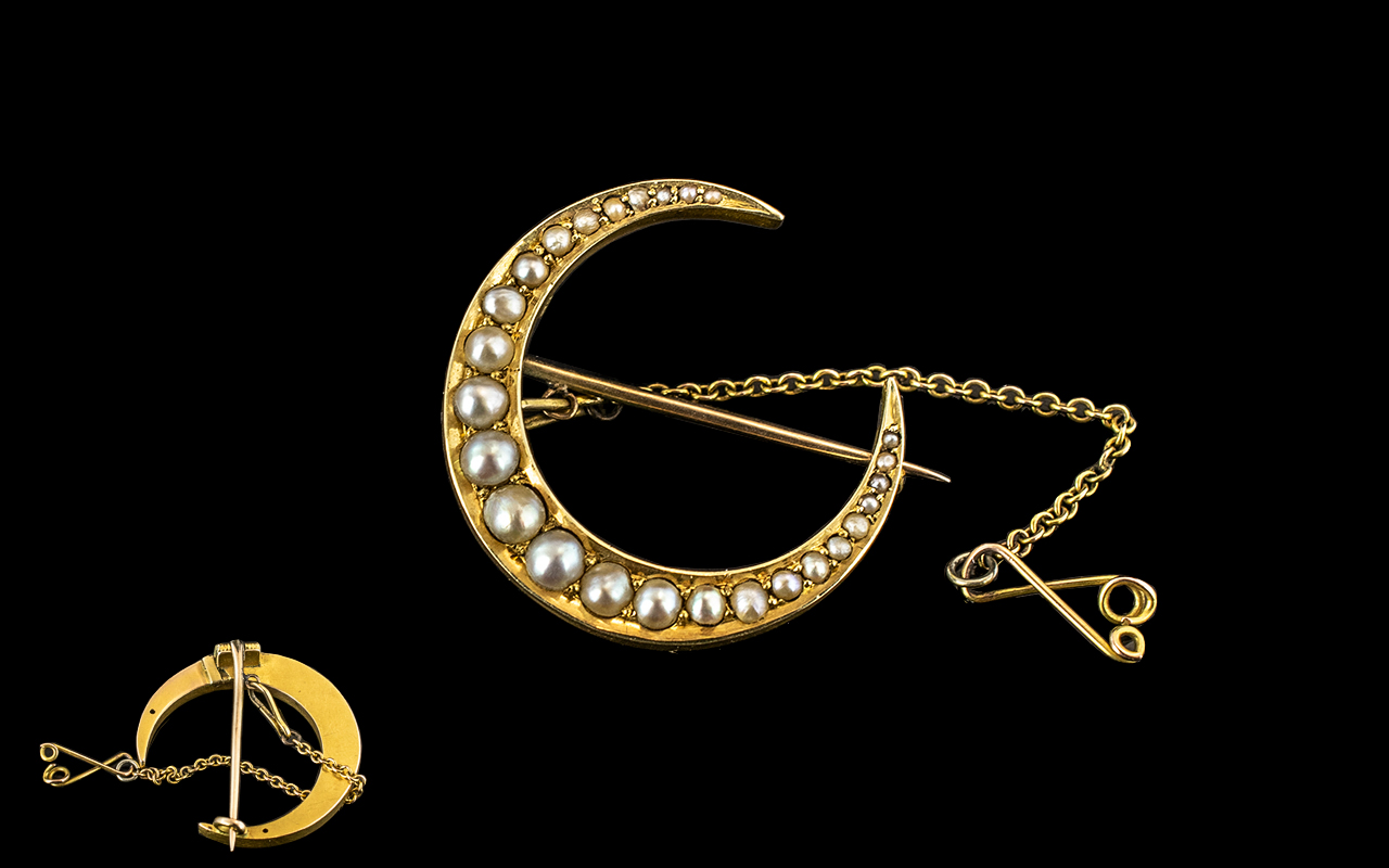 Antique Period Attractive 18ct Gold Crescent Shaped Brooch, Set with Seed Pearls,