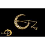 Antique Period Attractive 18ct Gold Crescent Shaped Brooch, Set with Seed Pearls,