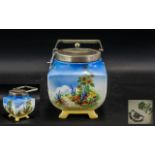 Pottery Biscuit Barrel depicting an English Country Garden. Marked Newhall Pottery Company,