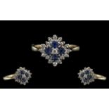 14ct Gold - Attractive Nice Quality Sapphire and Diamond Set Cluster Ring - Flower head Design.