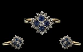 14ct Gold - Attractive Nice Quality Sapphire and Diamond Set Cluster Ring - Flower head Design.