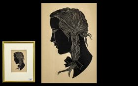 Eric Gill Woodcut 'The Plait', a silhouette style portrait of the artist's daughter Petra,