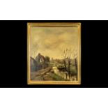 Dutch Oil Painting on Canvas Depicting a Canal Scene with a woman in a boat,