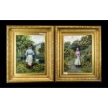 Pair of Fine Watercolour Drawings of Young Girls in an English Woodland Setting, painted in bright,