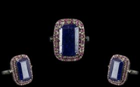 7.80 Ct Blue Sapphire Silver Ring with 0.38 Ct Rubies & Rose cut Diamonds.