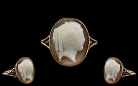 Antique Period - Pleasing 9ct Gold ' Cameo ' Set Ring. Depicts a Classical Bust of a Young Female In