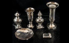 Small Collection of Silver Items comprising small silver vesta case, pair of silver pepper pots,